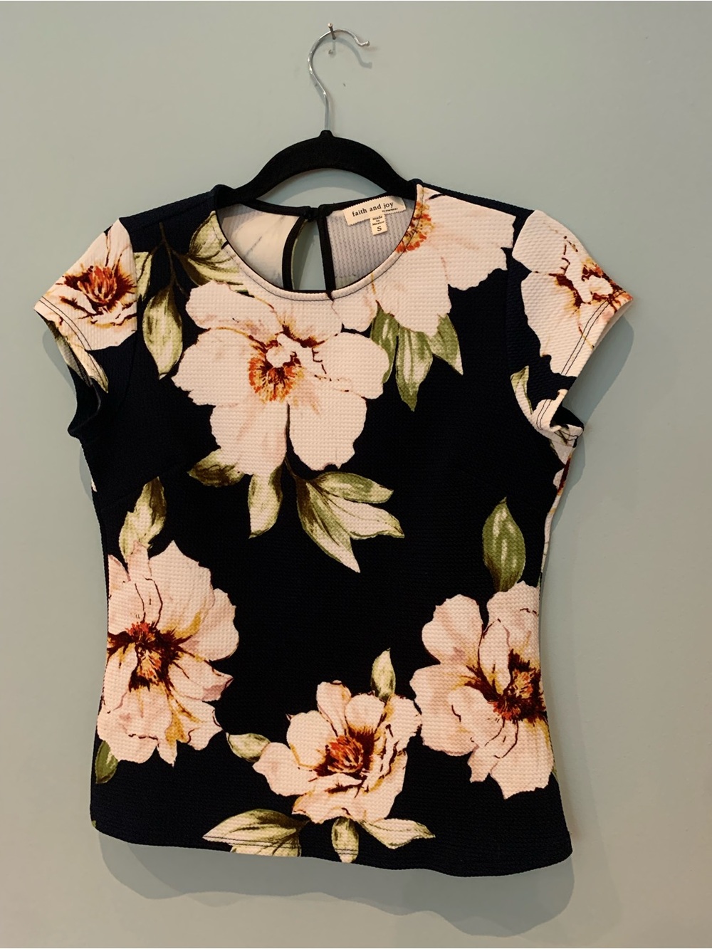 Faith and Joy Black Short Sleeve Tee with Cream/Soft Pink Floral Print